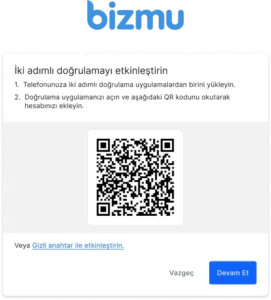 Bizmu Kimlik Doğrulama Uygulamasıyla (2FA) Giriş Rehberi 19 2fa etkinlestirme qr